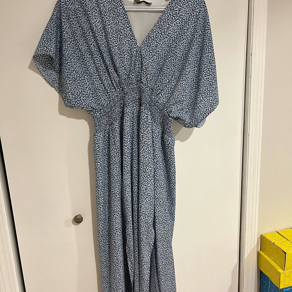 Blue and White V-Neck Backless Sundress